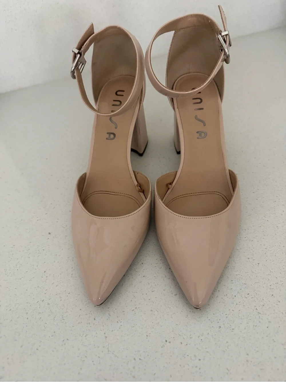 Unisa Beige Patent Pointed-Toe Ankle-Strap Heels